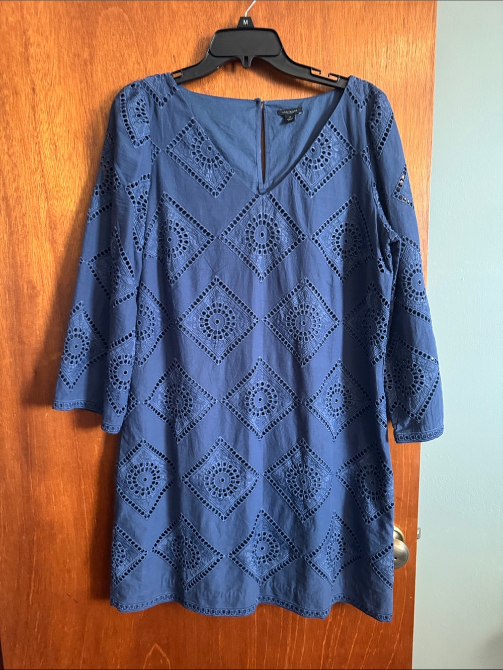Ann Taylor Navy Eyelet Long Sleeve Shift Dress